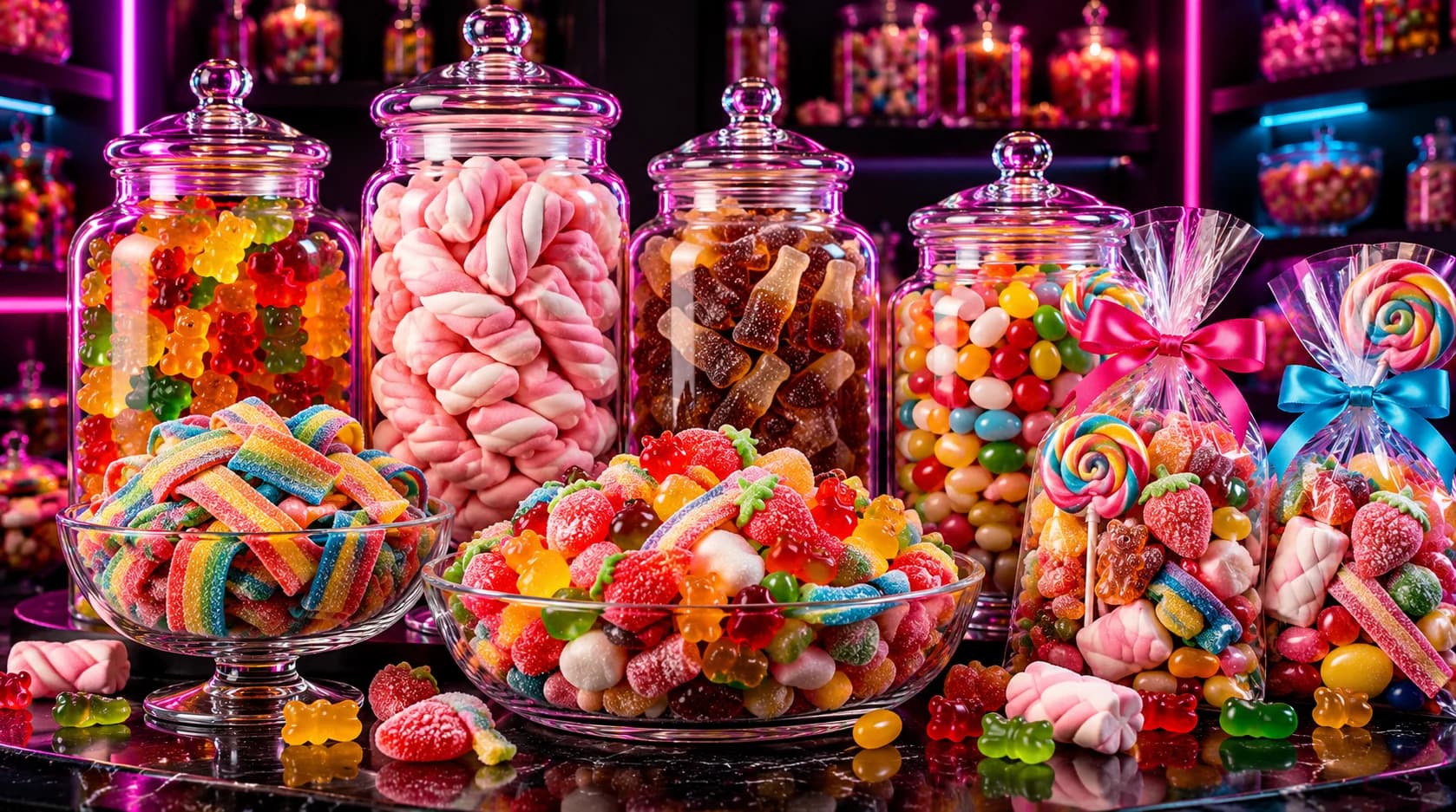 Tarros llenos hasta arriba de golosinas, cuencos con chuches variadas y bolsas de cumpleaños
